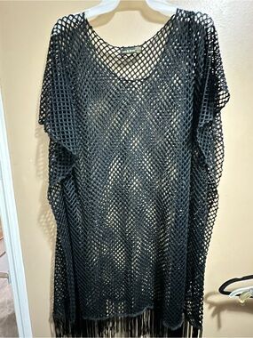 Black Mesh Fringe Swim Cover-Up - Women
